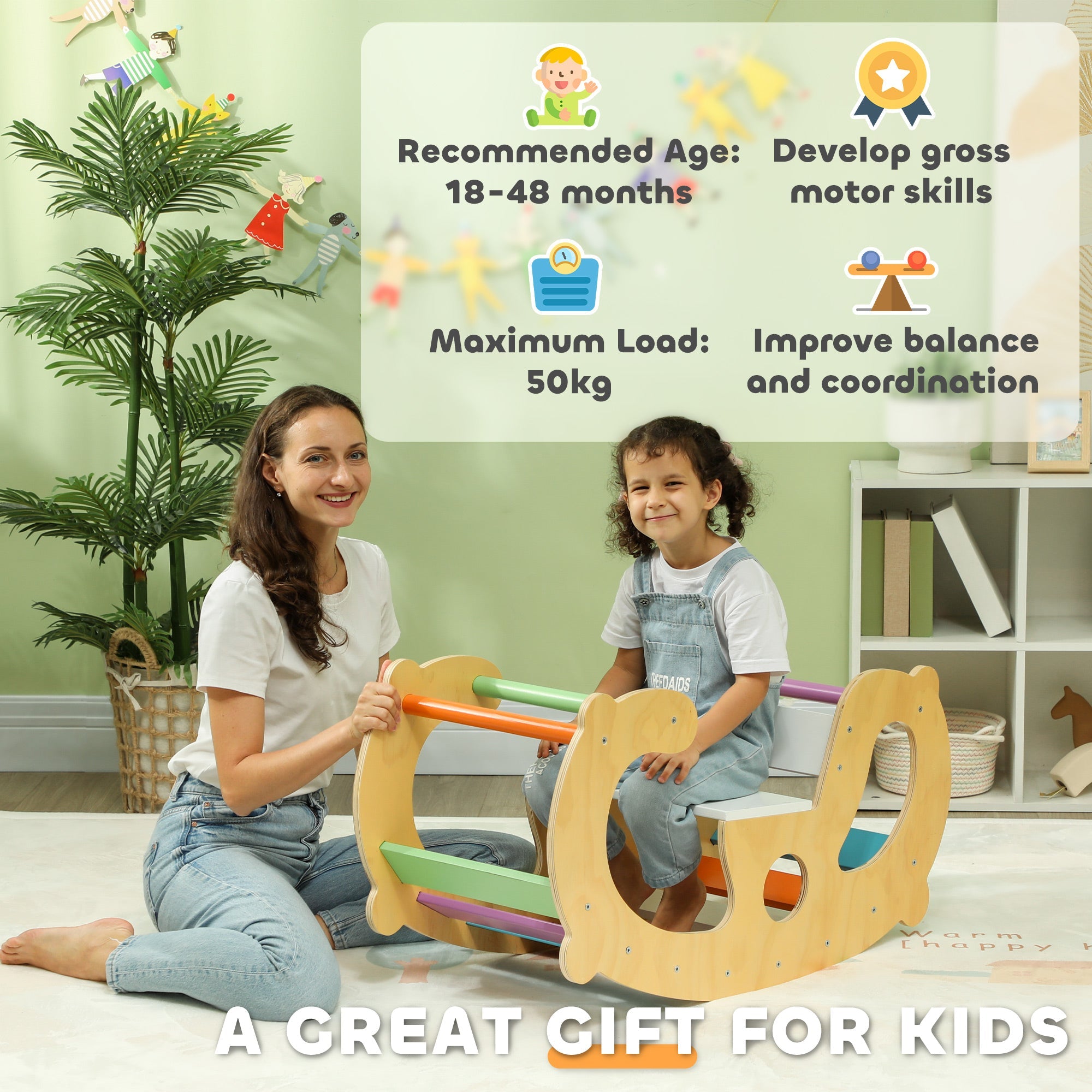 Qaba 2 in 1 Wooden Arch Ladder Baby Rocker for Toddlers 18-48 Months 