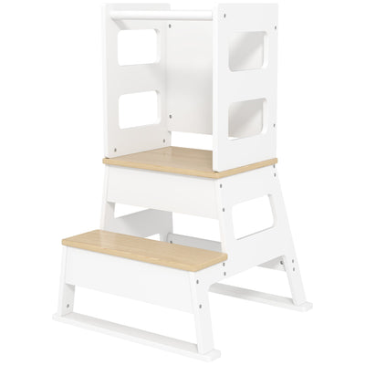 Qaba 2 in 1 Toddler Tower Kitchen Helper w/ Chalkboard, Safety Rail, for Counter, Bathroom, Sink, Kitchen, White 