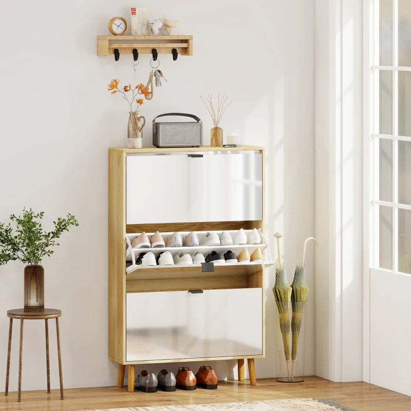 Narrow Shoe Cabinet, High Gloss Shoe Storage Cabinet with 3 Flip Drawers and Adjustable Shelves, Holds 24 Pairs, White