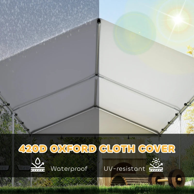 Outdoor Dog Run w/ Adjustable & Rotating Bowls, Water-Resistant UV-Resistant Cover, Secure Lock, 13.1' x 7.5' x 5.2'