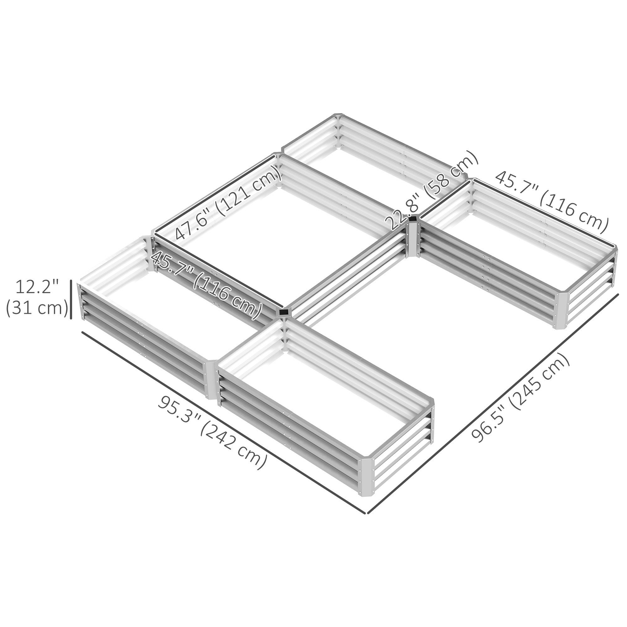 Outsunny Steel Raised Garden Bed, Set of 5 Large Box Planters for Outdoor Plants Vegetables Flowers Herbs, 8x8x1ft, Silver 