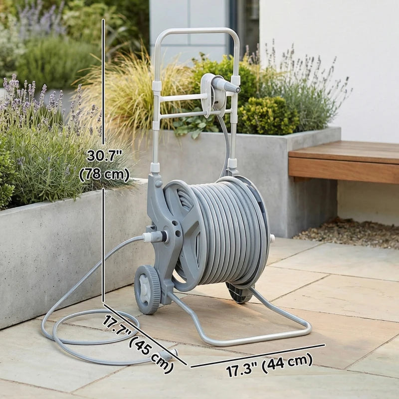Hose Reel Cart with Wheels, 1/2" x 148ft Garden Hose Reel with 2 Patterns Nozzle, Faucet Adaptors, Rewind Handle, Grey