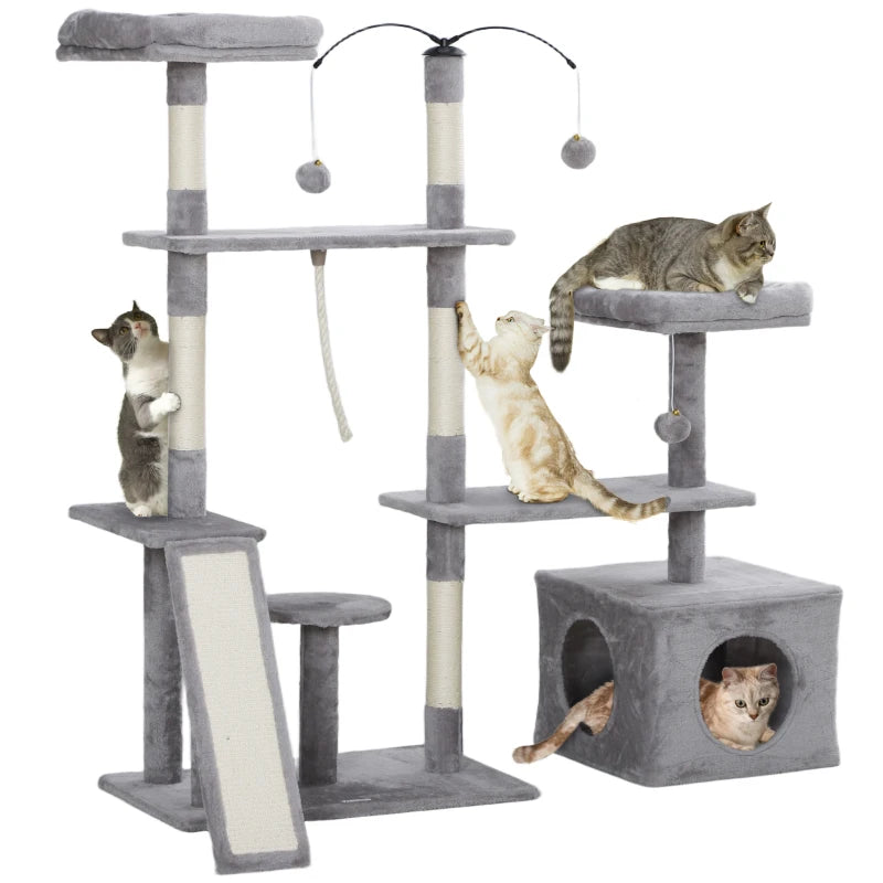 53" Cat Tree, Cat Tower with Scratching Posts, Cat Condo, Beds, Platforms, Toy Balls for Indoor Cats, Light Grey