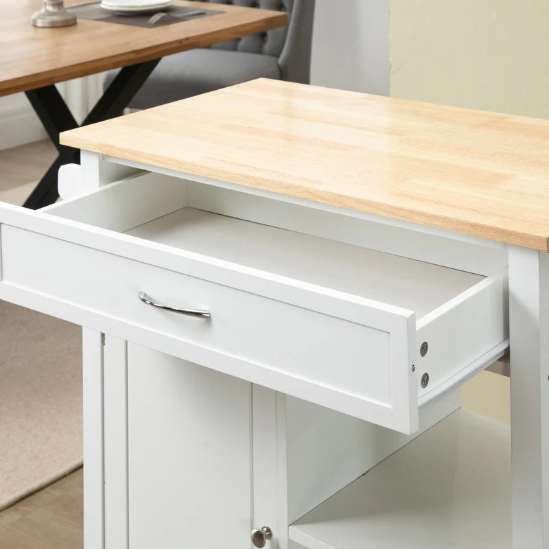 Rolling Kitchen Cart with Wood Top and Drawer, Kitchen Island on Wheels for Dining Room, White