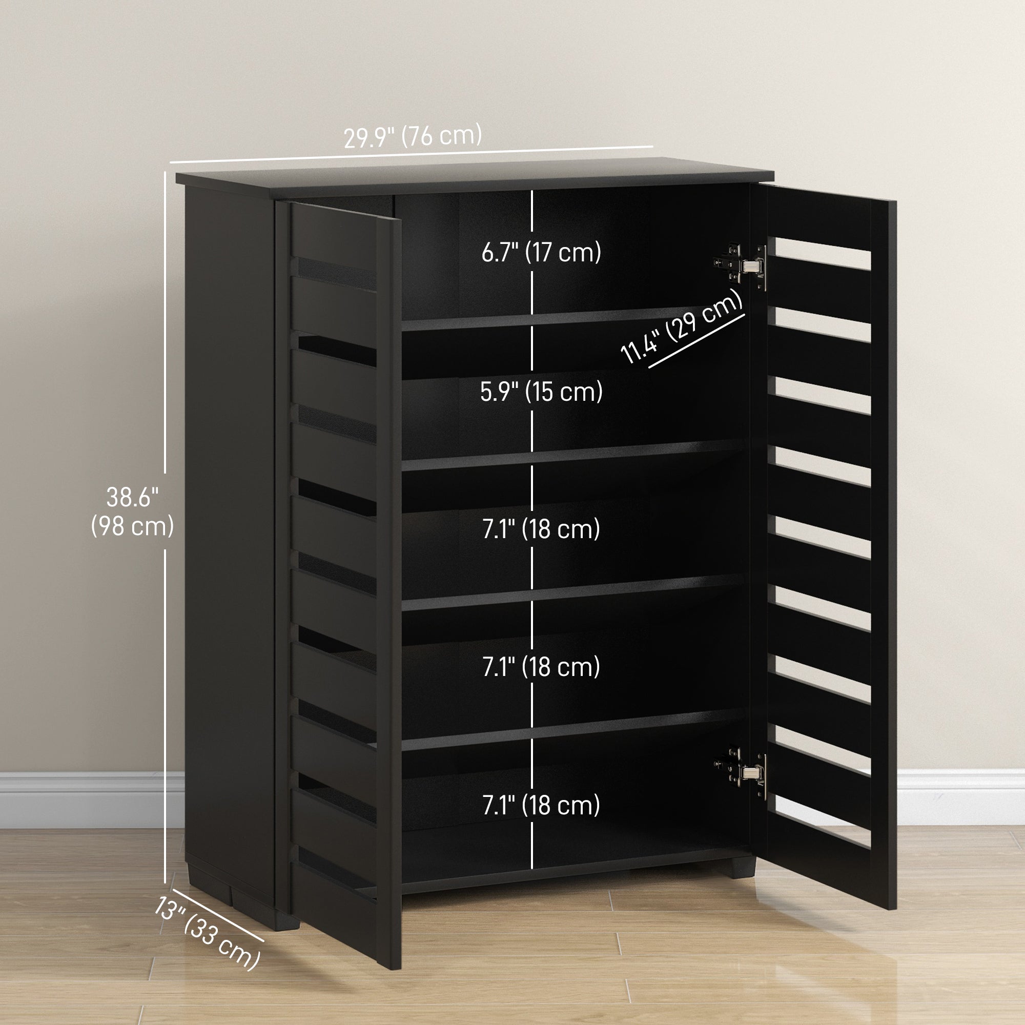 HOMCOM Shoe Storage Cabinet, Shoe Cabinet with 2 Slatted Doors for 15 Pairs of Shoes, Black 