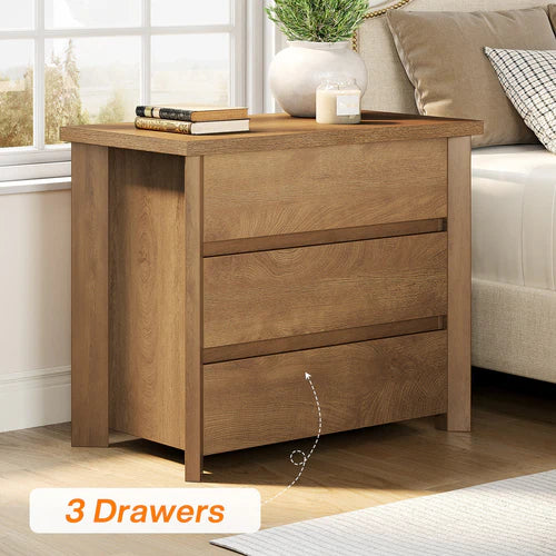 Nightstand 31.5" Farmhouse Bedside Table with 3 Storage Drawers, Engineered Wood, Rustic Brown
