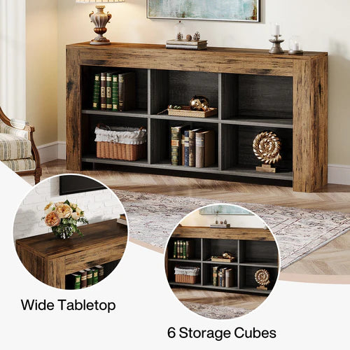 Console Table 63" Narrow Sofa Table Entryway Table with 6 Storage Cubes and Display Shelves Rustic Brown