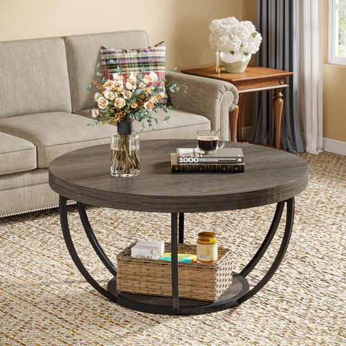 Coffee Table Round 2-Tier Central Cocktail Table with Shelves Engineered Wood Top Metal Frame Wood Grain Finish