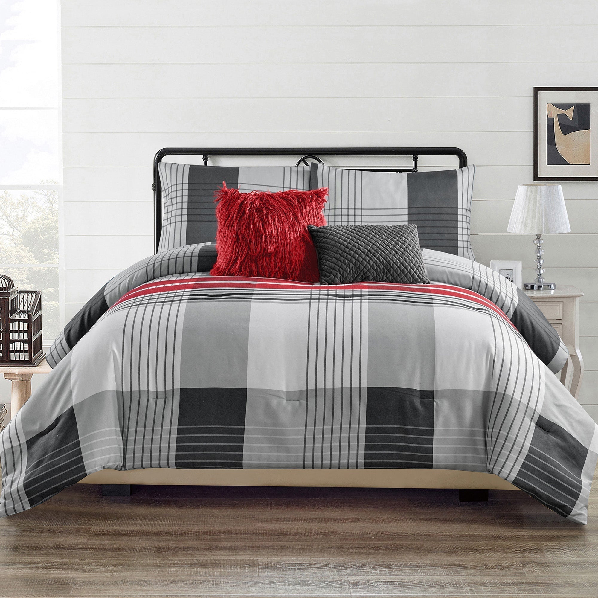 Wov Printed Microfiber Comforter Bedding Set 5 Piece King City Plaid 