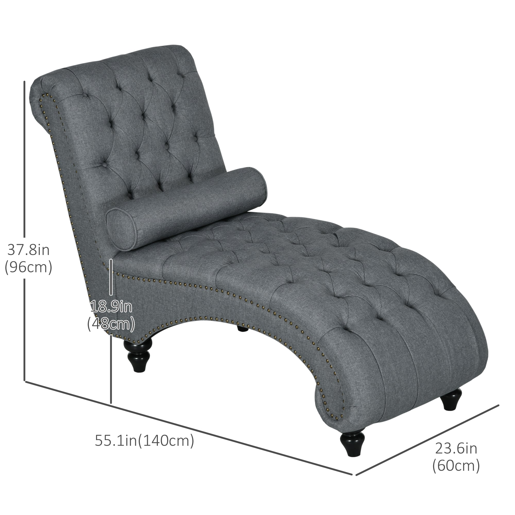 HOMCOM Button Tufted Chaise Lounge Chair Grey Indoor Upholstered with Bolster Pillow Wood Legs Nailhead Trim 