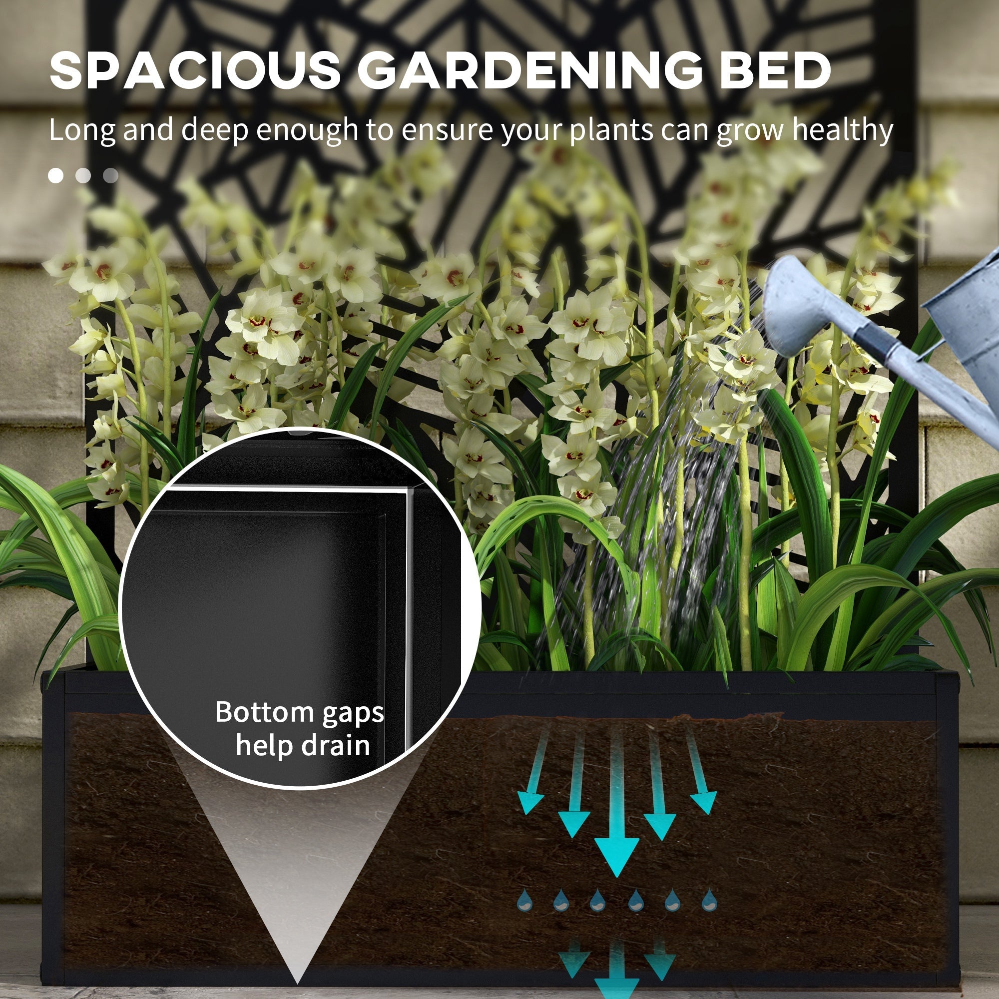 Outsunny Metal Outdoor Raised Garden Bed with Privacy Screen, Privacy Panel and Planter Box, Wall-Mounted or Freestanding, Black 