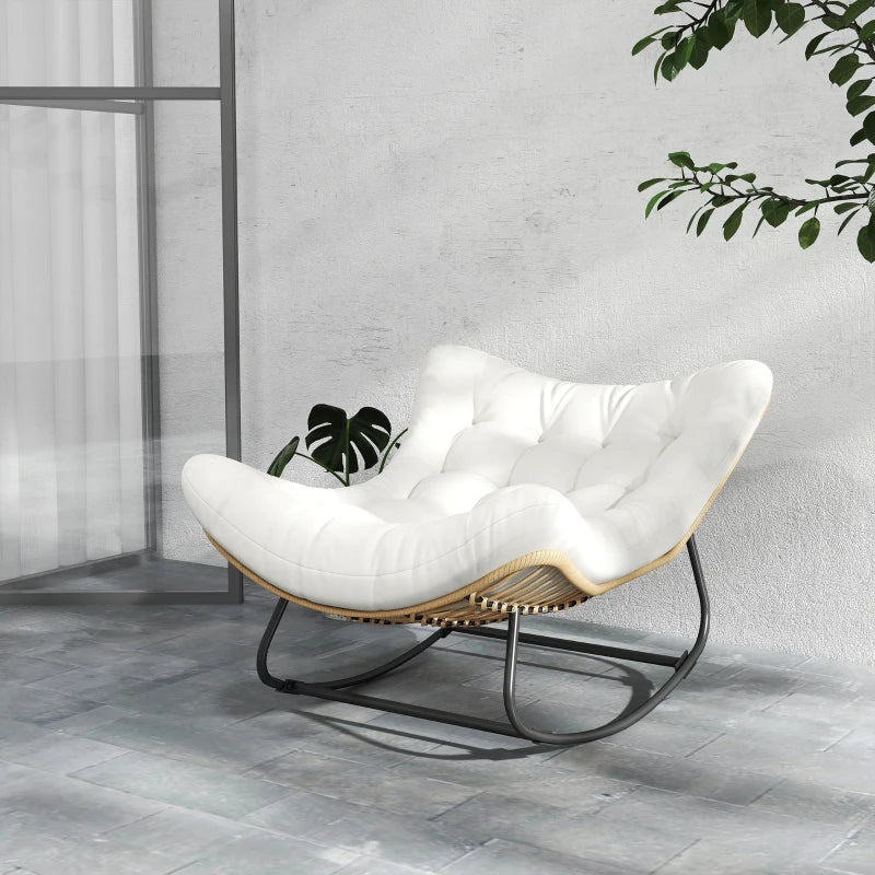 Oversized Rattan Patio Egg Chair, Outdoor Rocking Chair with Padded Cushion for Indoor, Porch, Cream White