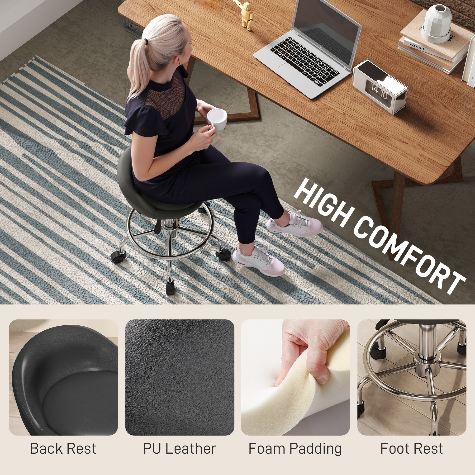 HOMCOM PU Leather Rolling Stool, Height Adjustable Swivel Salon Chair with Backrest and Foot Rest for Spa, Tattoo, Black 