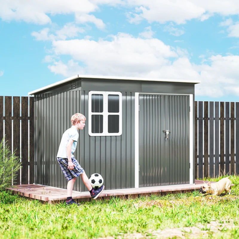 8.5' x 6' Galvanised Steel Outdoor Storage Shed, Garden Shed with Window, Lockable Wide Doors and Air Vents, Grey