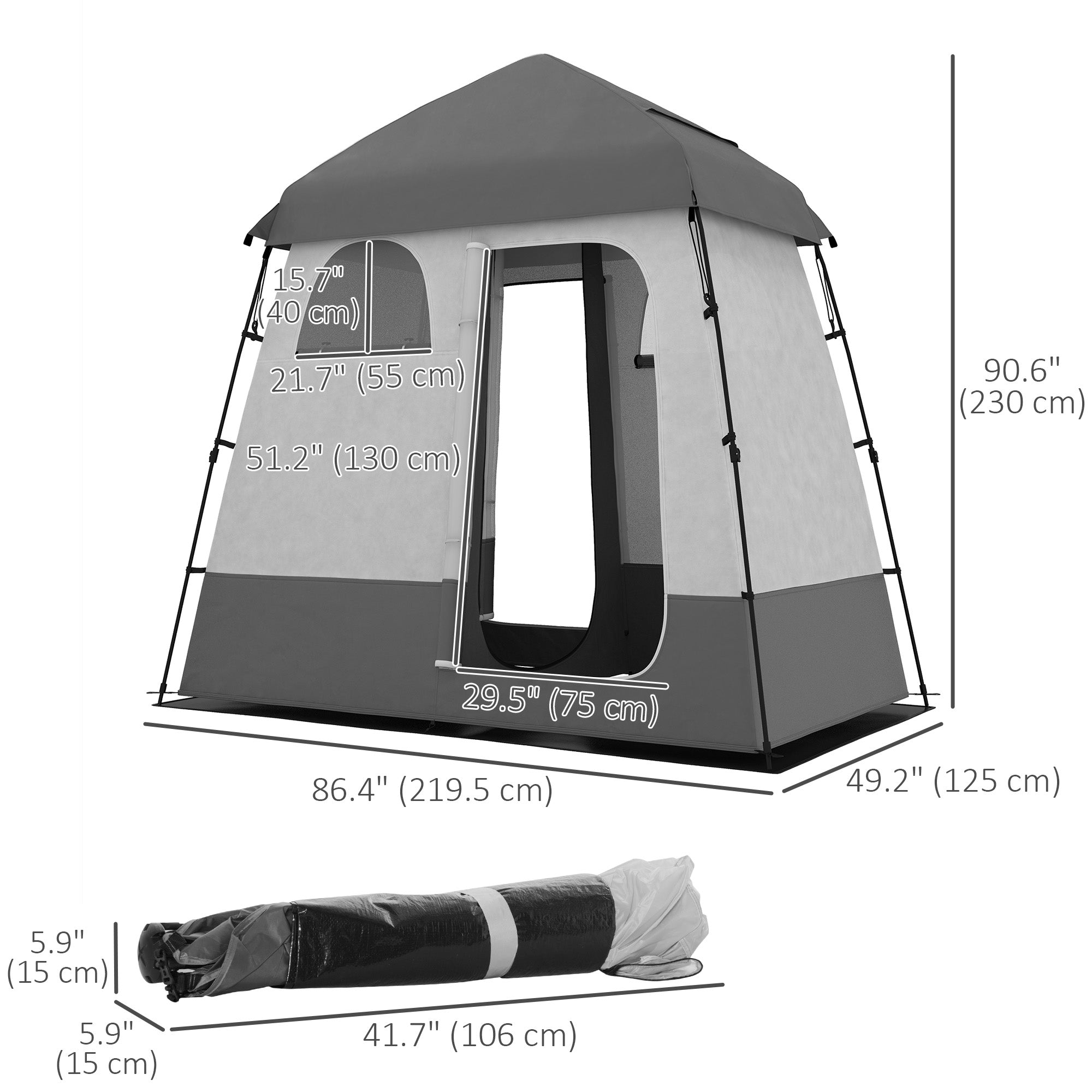 Outsunny Outdoor Portable Pop Up Shower Tent Changing Tent Privacy Enclosure with 2 Rooms, Shower Bag, Floor for Camping, Dark Grey 