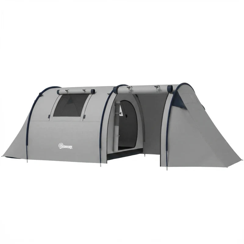 Outsunny 3-4 Person Camping Tent with 2 Rooms, 3000mm Waterproof Family Tunnel Tent with Carry Bag – Grey