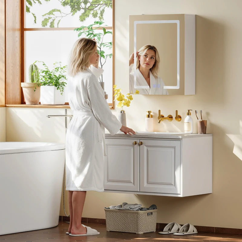 Bathroom Medicine Cabinet with Lights, Wall Mounted Mirror Cabinet with Demister Pad, Adjustable Shelves, White