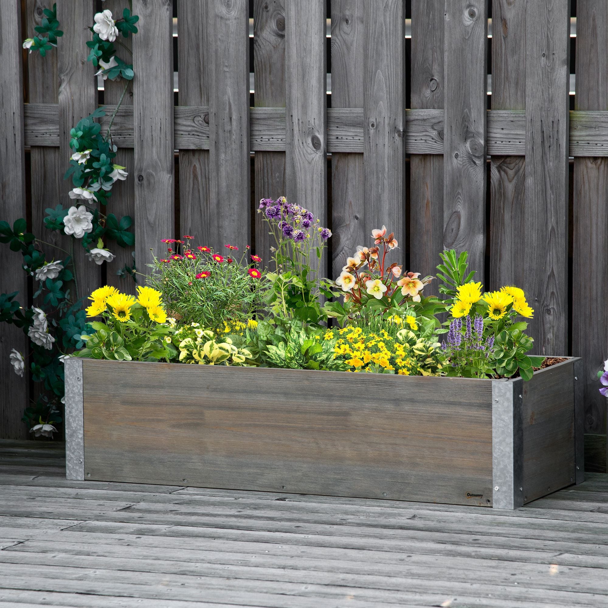 Outsunny 38"x12" Raised Wooden Planter: Elevated Garden Bed for Backyard Veggies/Herbs, Light Grey 