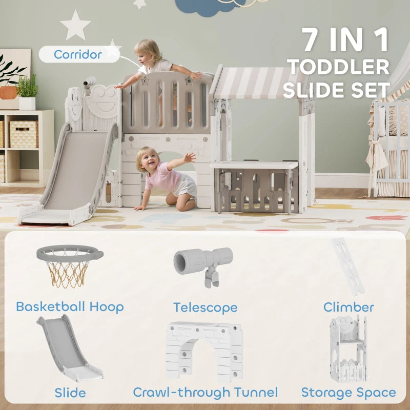 Qaba 7-in-1 Toddler Slide, Kids Slide Climber Playset with Playhouse and Basketball Hoop for 1-4 Years, Grey
