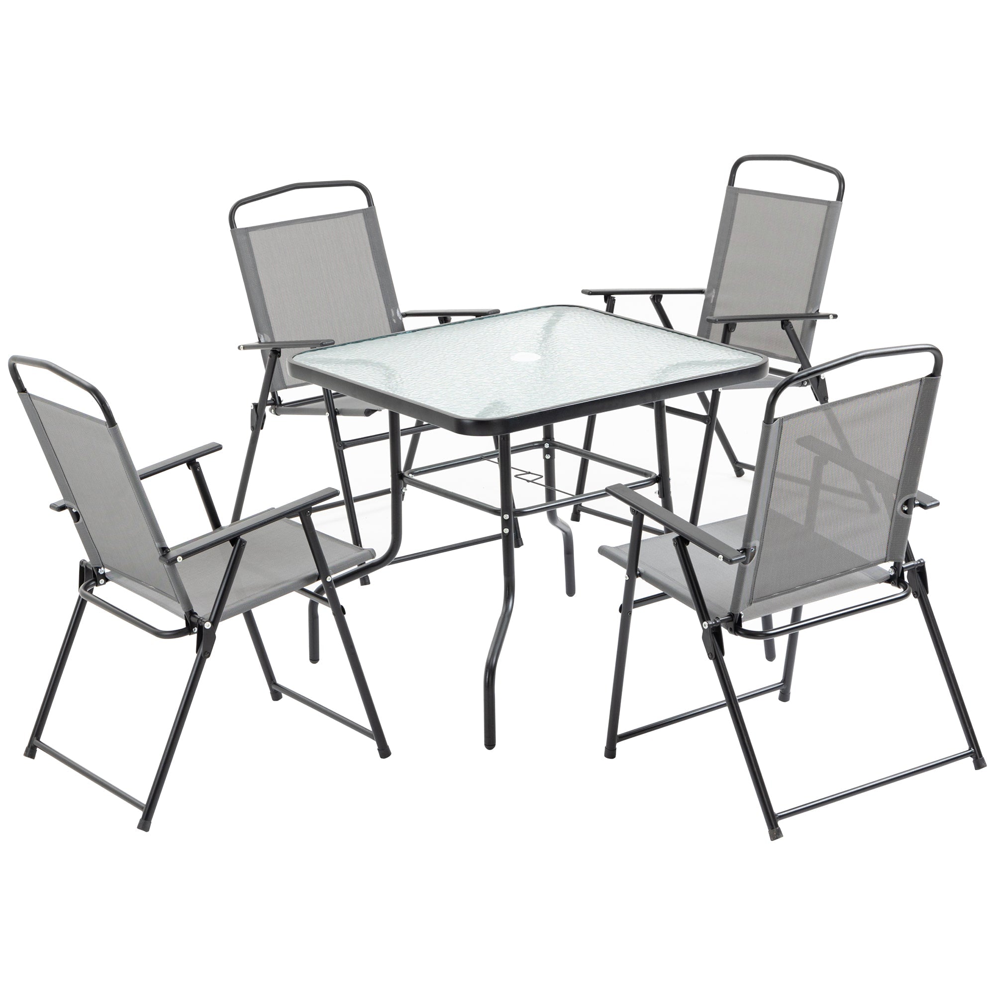 Outsunny 5 Pieces Patio Table and Chairs, Outdoor Dining Set with 4 Folding Chairs, Glass Tabletop and Parasol Hole, Grey 