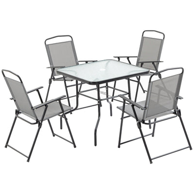 Outsunny 5 Pieces Patio Table and Chairs, Outdoor Dining Set with 4 Folding Chairs, Glass Tabletop and Parasol Hole, Grey 