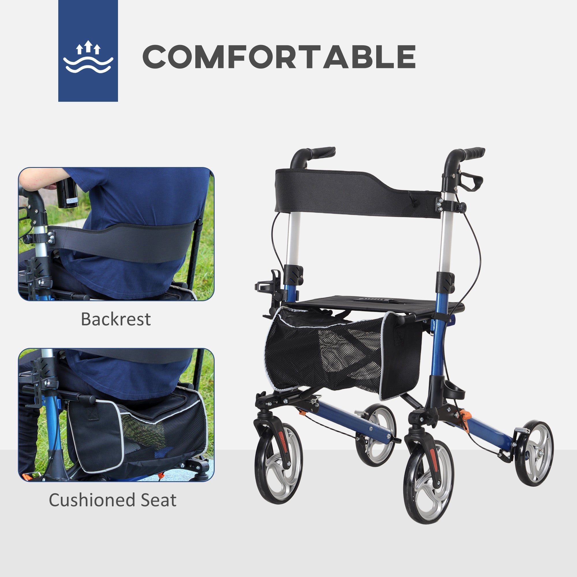 HOMCOM Lightweight Folding Rolling Walker with Large Seat, Back, Adjustable Handle, Bag, Dual Brake, Cane Holder, Blue 