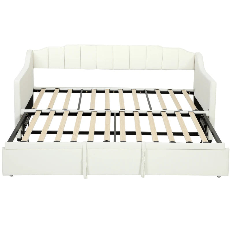 Upholstered Twin Trundle Bed, Extendable Twin to King Day Bed with Headboard and Armrests, Cream White