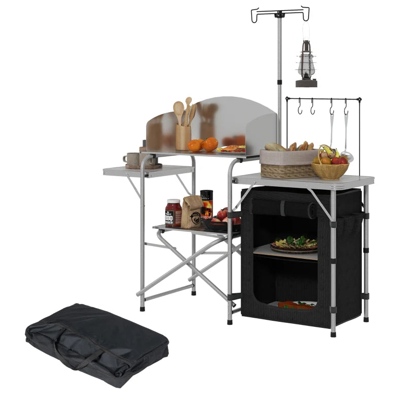 Camping Kitchen Table, Aluminum Folding Camping Table with Storage Organizer, Windshield, Light Stand, Bag, Silver