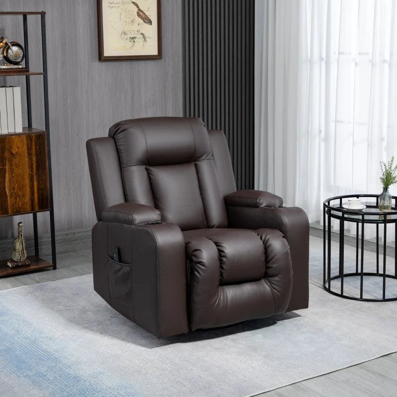 HOMCOM Massage Recliner Chair for Living Room with 8 Vibration Points, PU Leather Manual Reclining Chair with Cup Holders, Swivel Base, Rocking Function, Brown