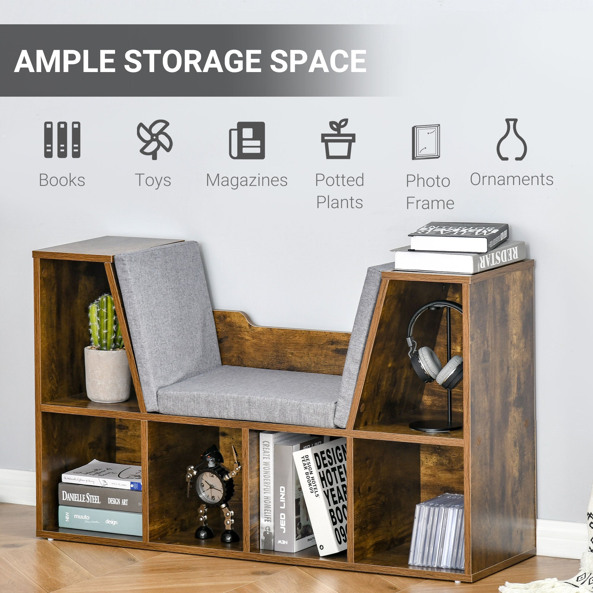 HOMCOM 6-Cubby Bookcase with Seat Cushion, Cube Storage Shelf with Reading Nook for Home Office, Study, Rustic Brown 