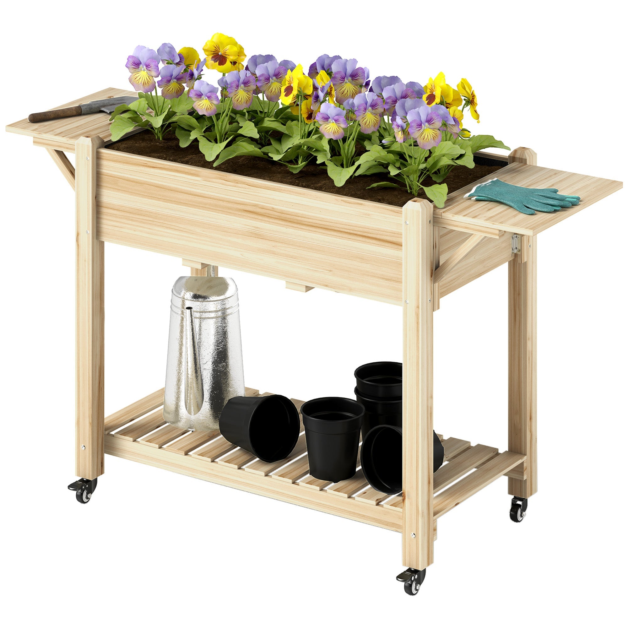 Outsunny Raised Garden Bed, Wood Planter Box with Lockable Wheels, Side Tables, Bottom Shelf, Bed Liner, Drain Holes, Natural 