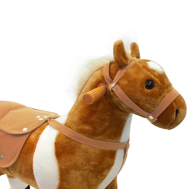 Qaba Kids Rocking Horse, Large Walking  Ride on Toy  for Toddlers 3 year old, Baby Plush Animal Rocker with Sound and Wheel, Brown