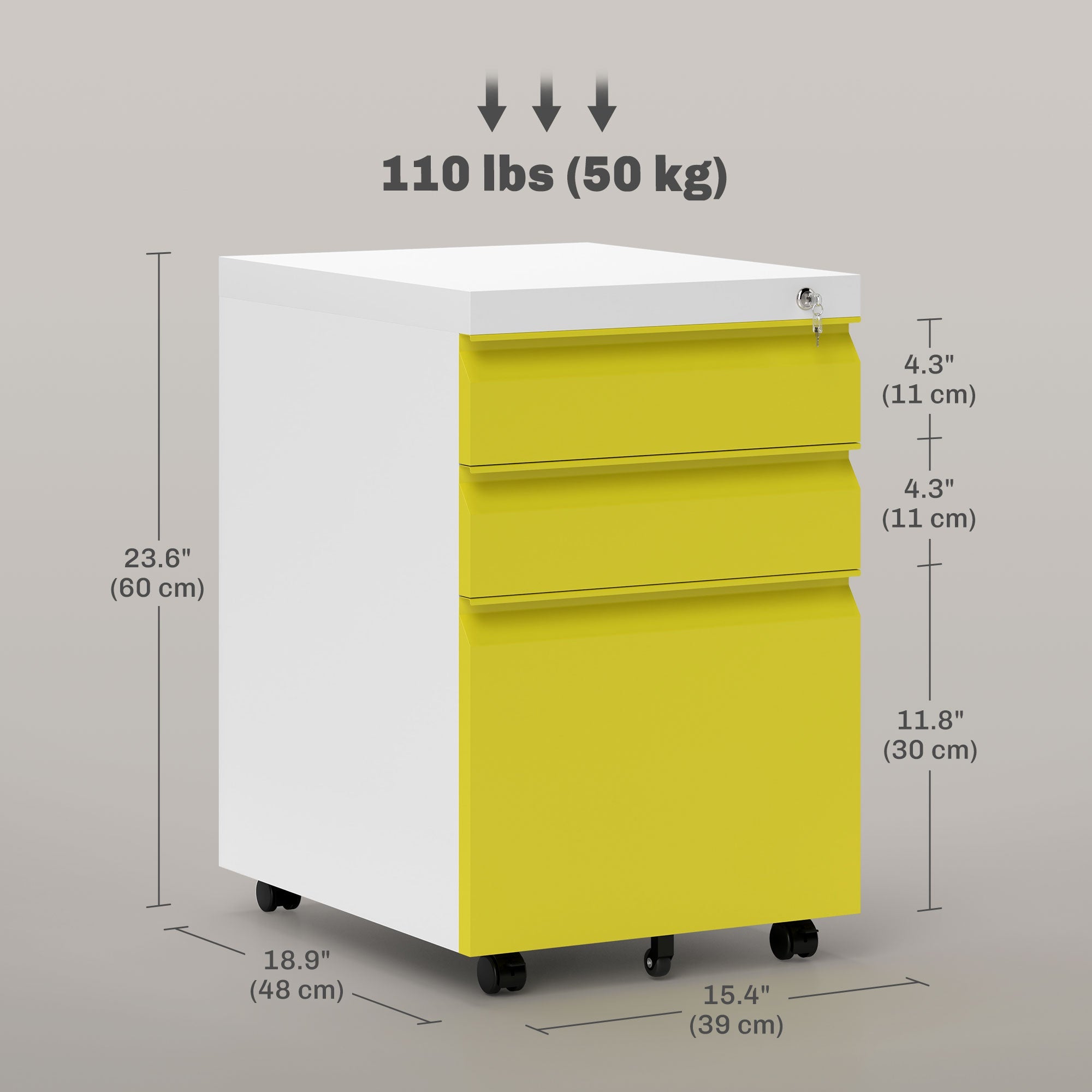 Vinsetto 3 Drawer Lockable Filing Cabinet on Wheels for Legal Letter A4 Files Yellow 