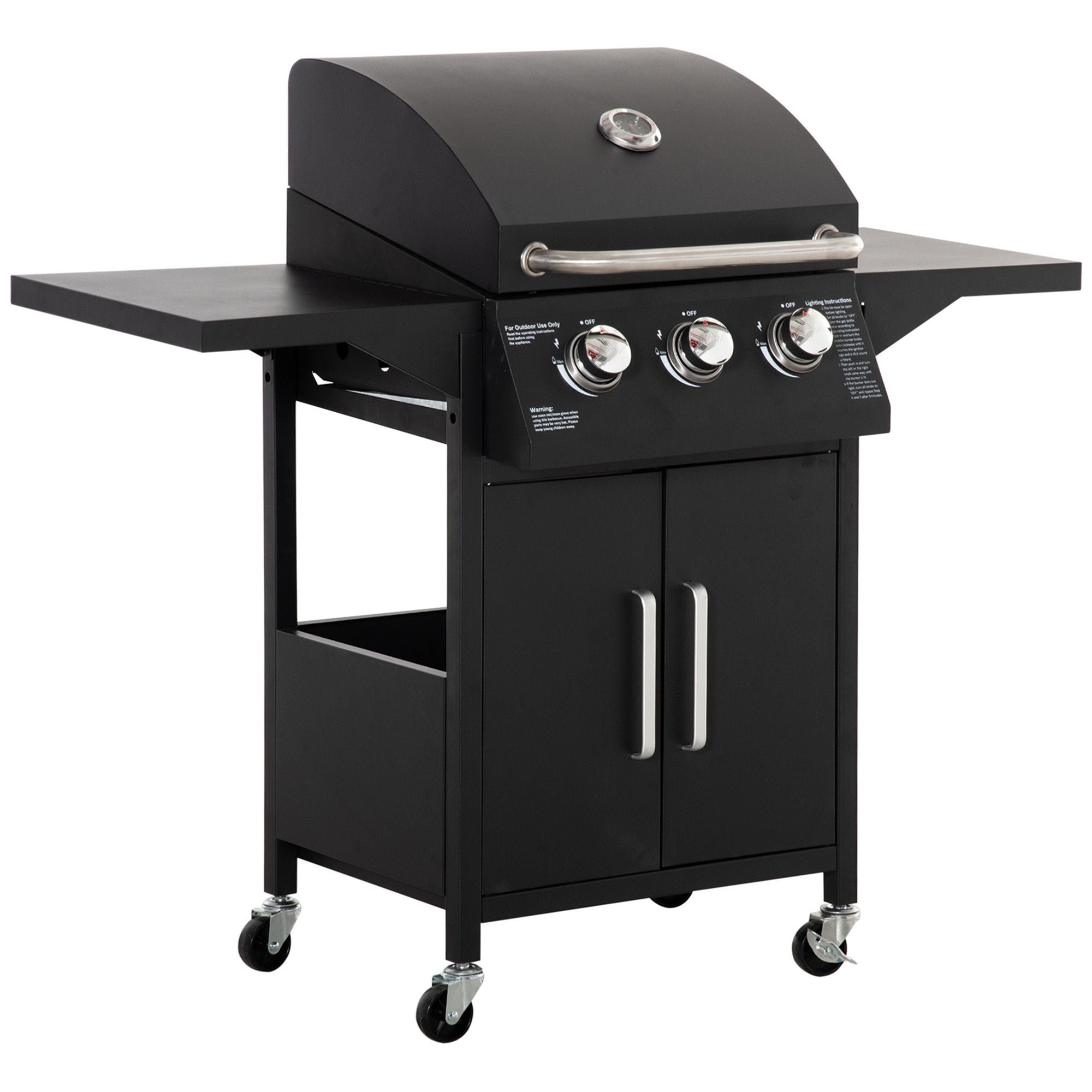 Outsunny Outdoor 3 Burner Gas Grill Portable Barbecue w/ Wheels, Warming Rack, Shelves, Cabinet, Thermometer, Black 