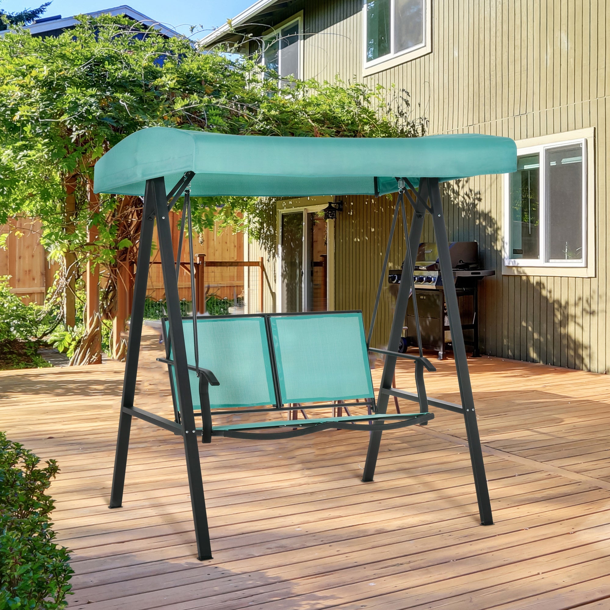 Outsunny Outdoor 2-Person Patio Swing Chair Canopy with Adjustable Shade Mesh Seats Steel Frame Blue 