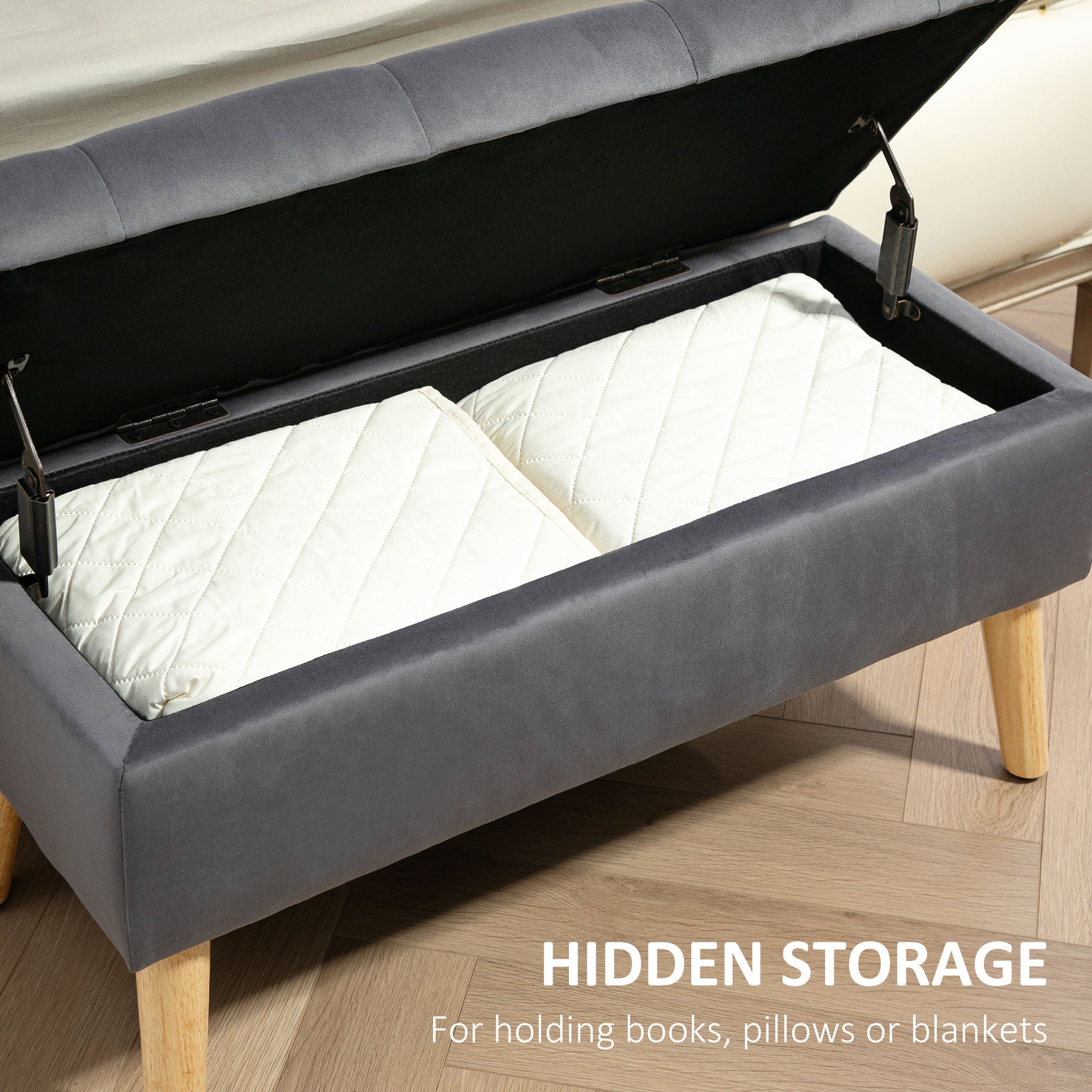 HOMCOM Storage Ottoman with Lid, Velvet Upholstered Storage Bench with Wood Legs for Living Room, Charcoal Grey 