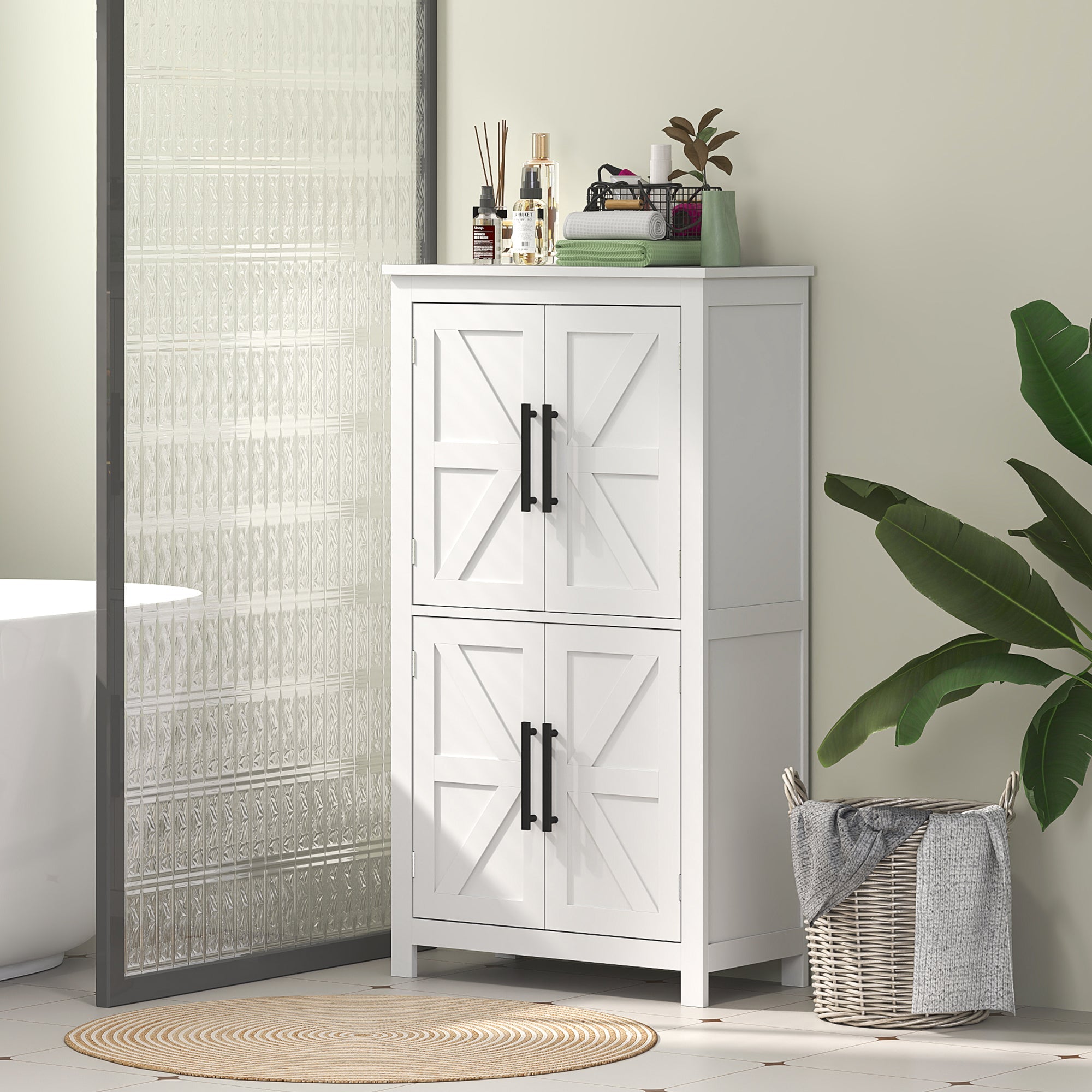 HOMCOM Farmhouse Bathroom Storage Cabinet, Bathroom Floor Cabinet with Barn Doors and Adjustable Shelf, White 
