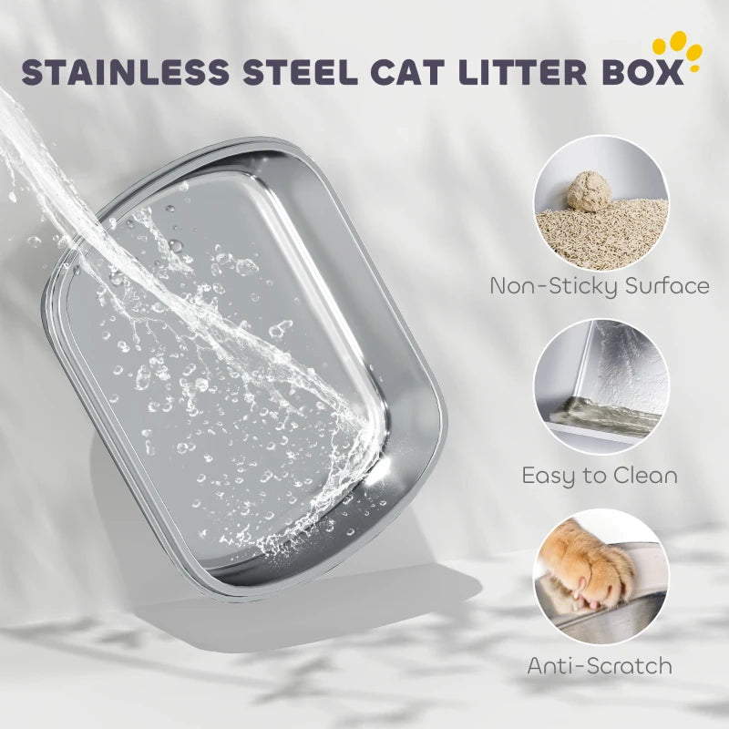 Large Stainless Steel Cat Litter Box with Lid, Enclosed Cat Litter Box with Flip Cover, Scoop