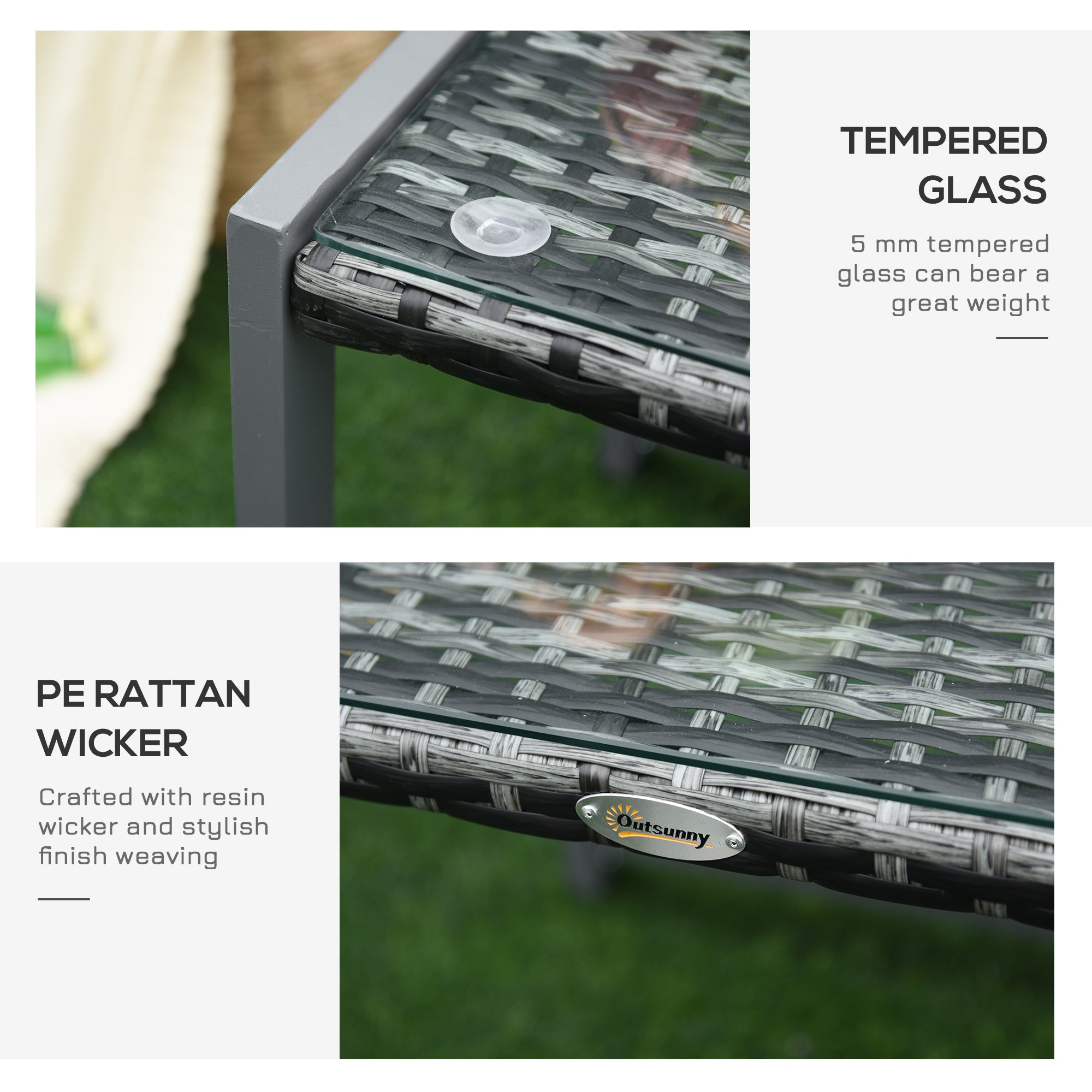 Outsunny Patio Rattan Coffee Table Wicker Side Table with Tempered Glass Top Aluminum Frame Outdoor Garden Gray 