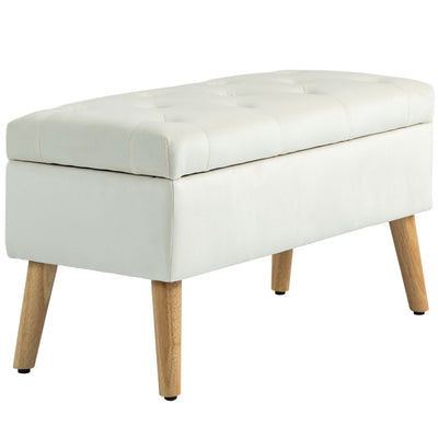 HOMCOM Storage Ottoman with Lid, Velvet Upholstered Storage Bench with Wood Legs for Living Room, Cream White 