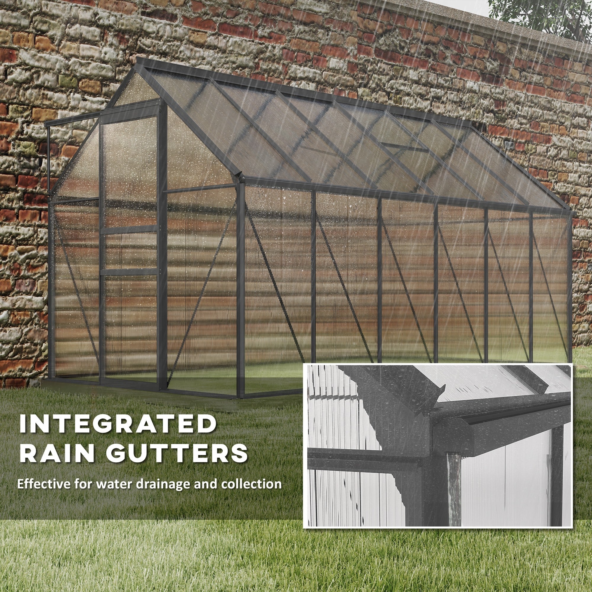 Outsunny 6' x 12' x 6.5' Polycarbonate Greenhouse, Walk-in Green House with Adjustable Roof Vent Galvanized Base Sliding Door Rain Gutter for Outdoor Garden Backyard, Charcoal Grey 