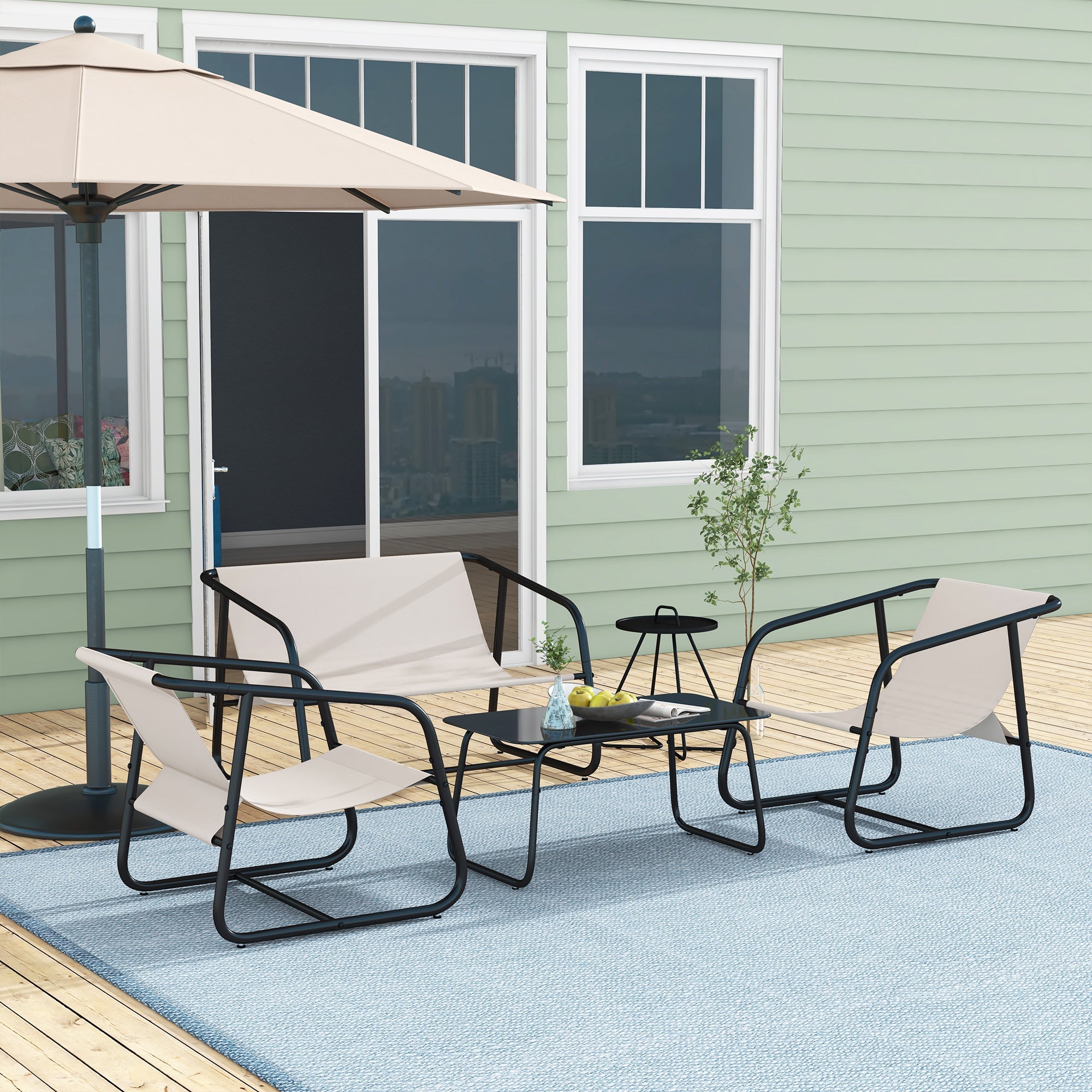 Outsunny Garden Sofa Set, 4 Piece Patio Conversation Furniture Set with Glass Table, Breathable Mesh, Cream White 