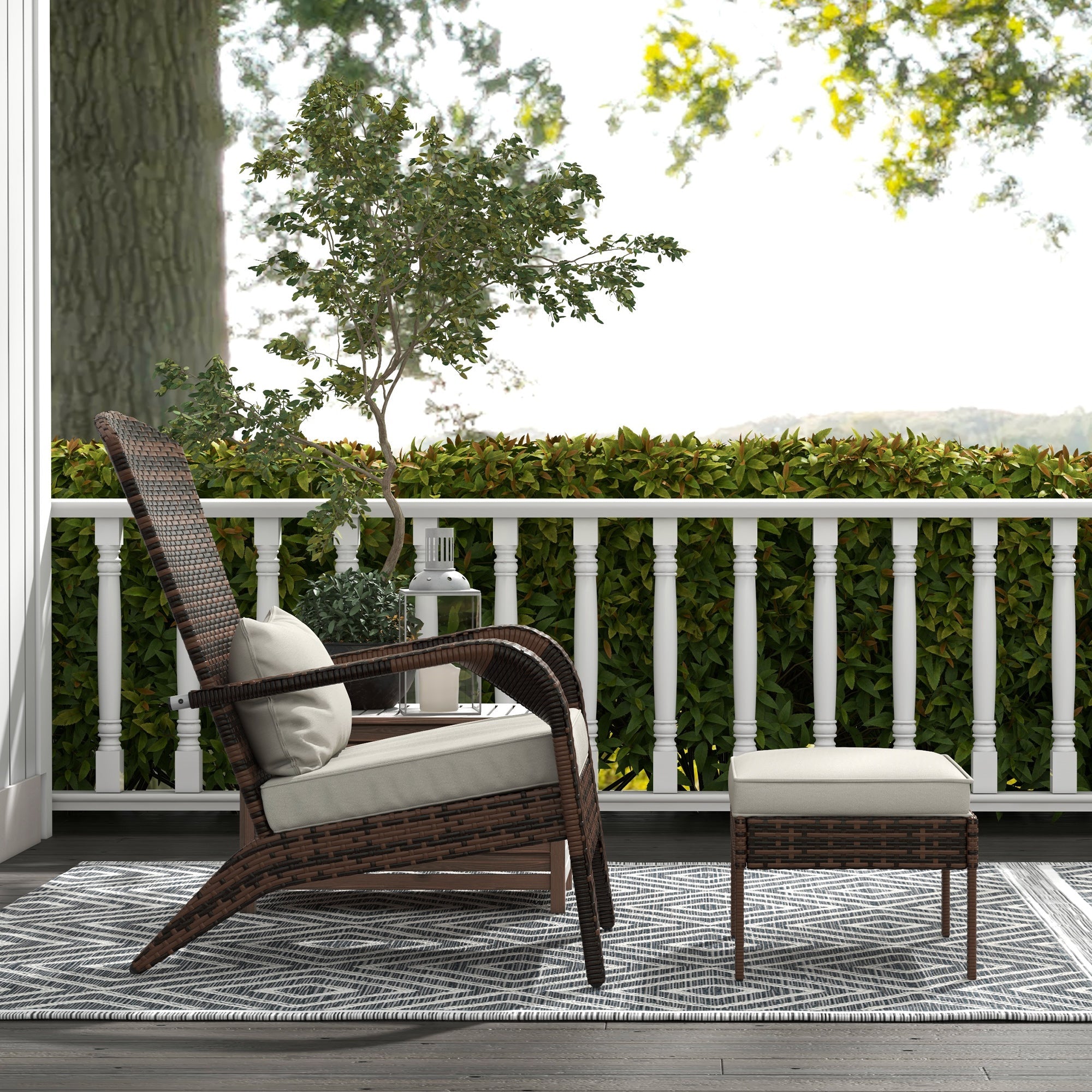 Outsunny Wicker Adirondack Chair with Ottoman, Patio Cushioned Muskoka Chair with Armrests Brown/Cream White 