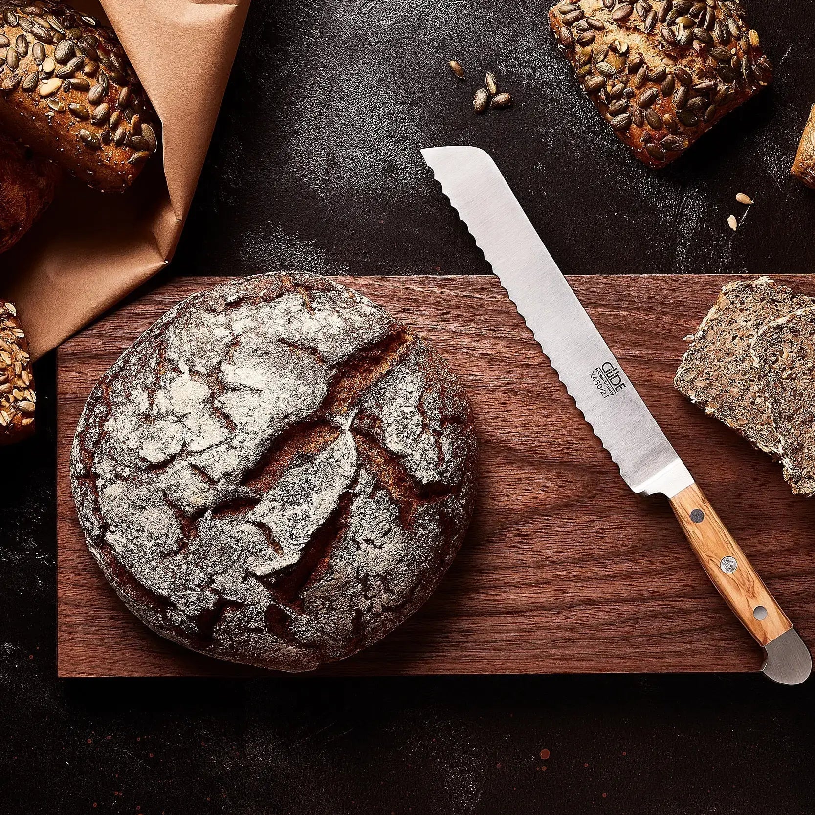 ALPHA OLIVE | Bread Knife 8" Blade | Hand Forged / Olive wood handle 