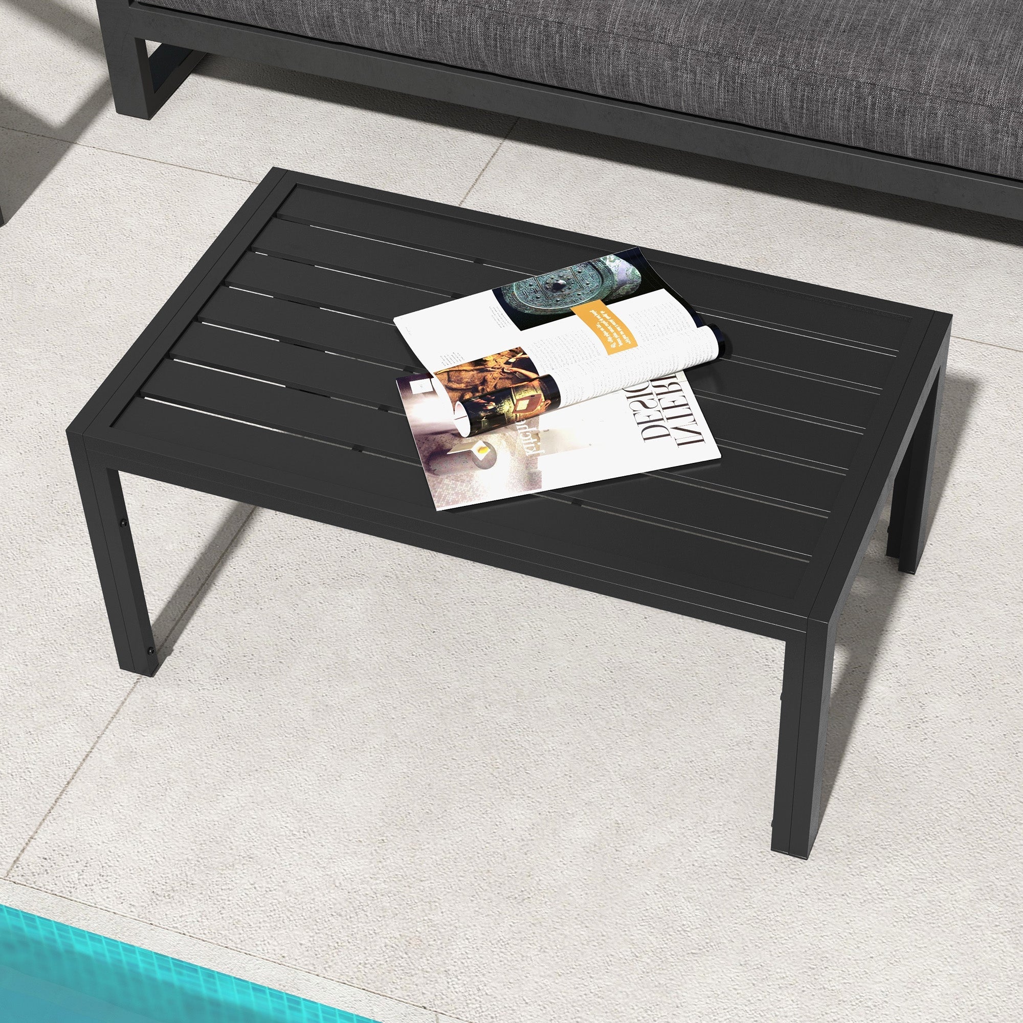 Outsunny Outdoor Coffee Table, Rectangular Patio Side Table with Steel Frame and Slat Tabletop for Garden, Balcony, Black 