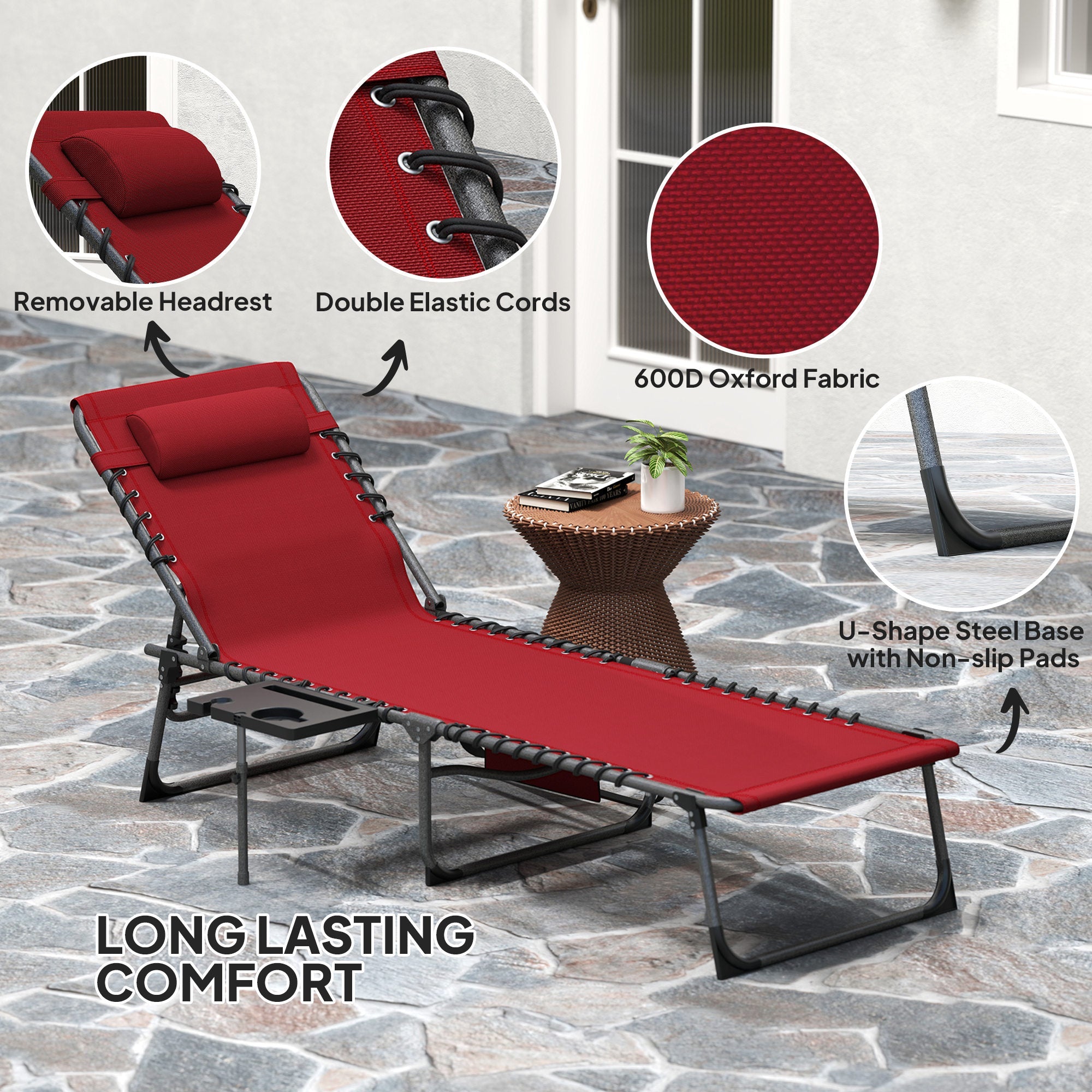 Outsunny Outdoor Folding Lounge Chair, Reclining Chaise Lounge Tanning Chair with Adjustable Back, Side Table, Headrest, Red 