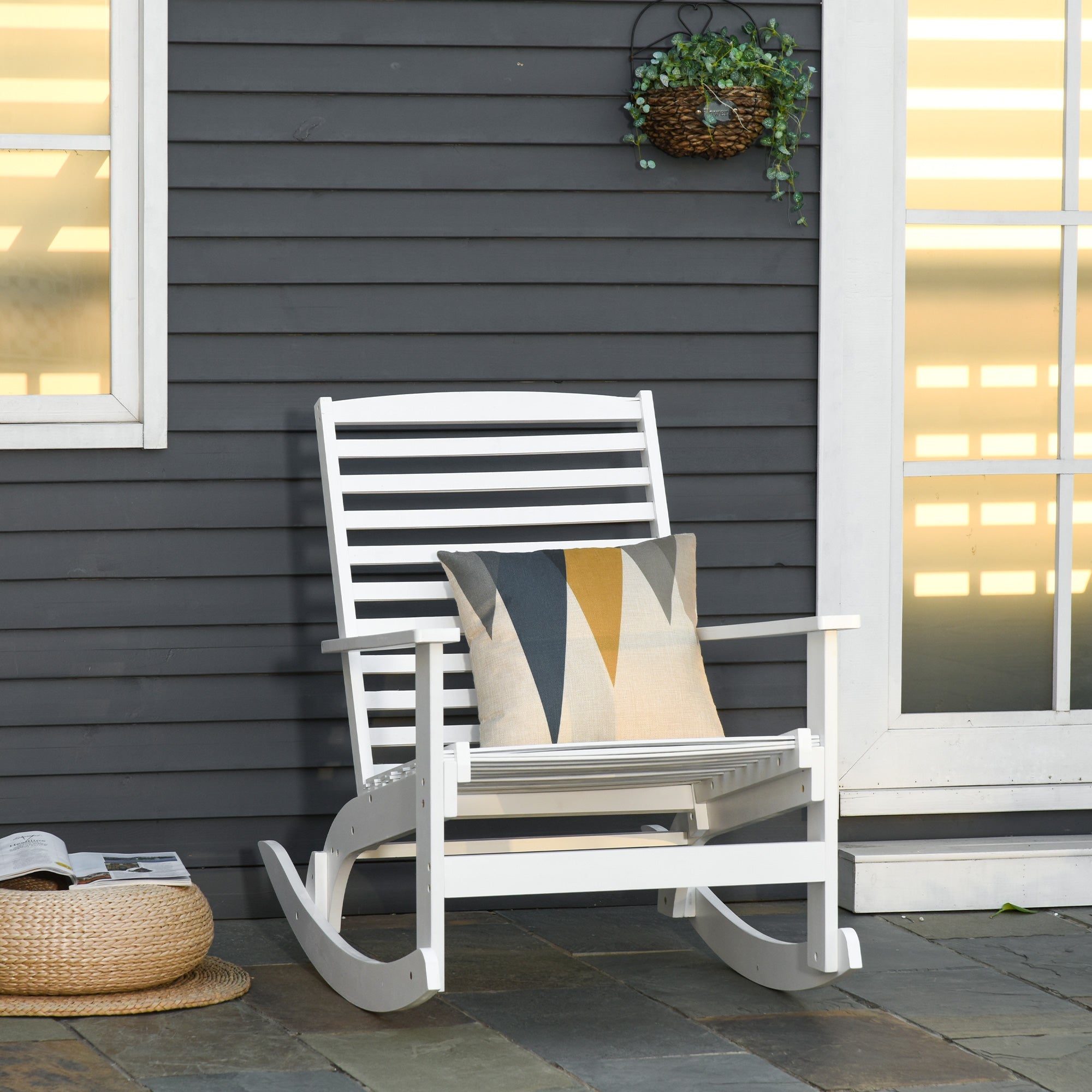 Outsunny Patio Rocking Chair Non-slip Porch Rocker for Balcony Garden Terrace Bamboo White 