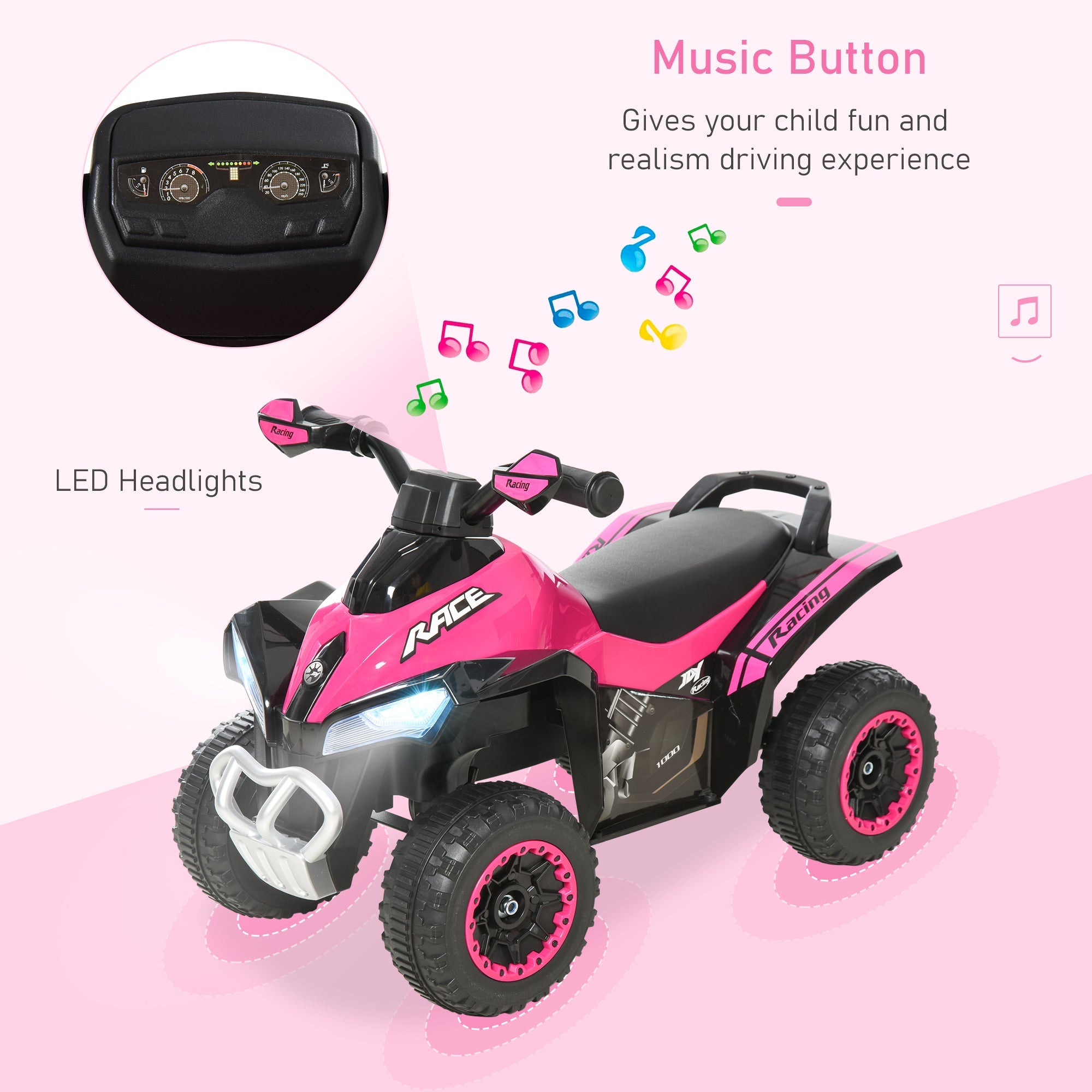 Aosom Kids Ride-On Motorcycle Toy 4 Wheels Walker No Power Foot To Floor with Music and Light 