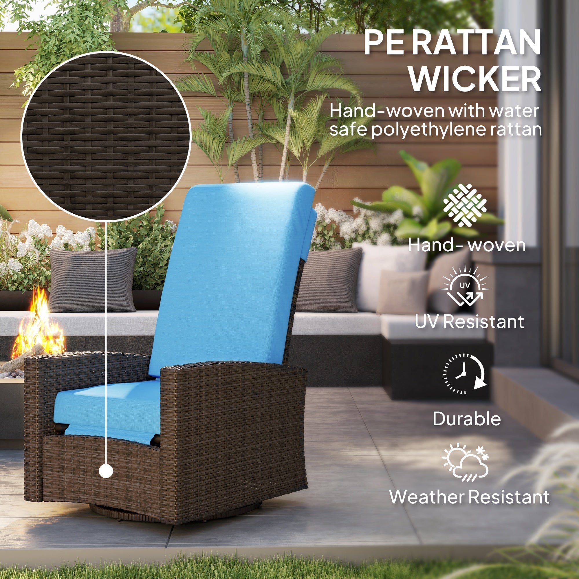 Outsunny Outdoor Rattan Wicker Lounge Chair with Footrest & Soft Cushion for Patio, Garden, Backyard, Sky Blue 