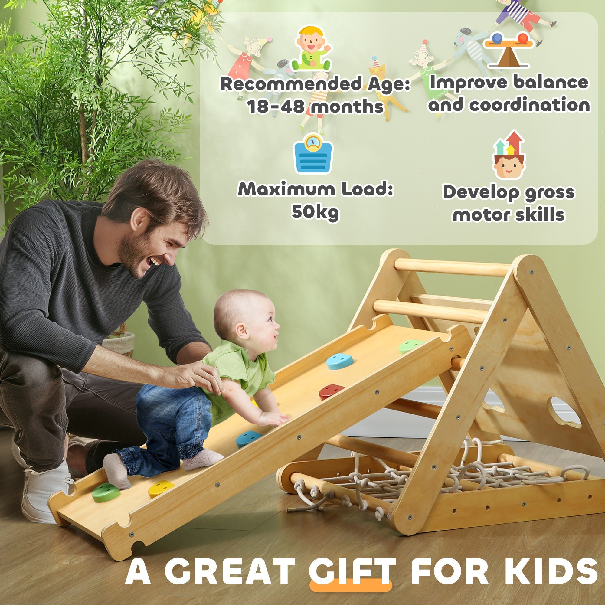 Qaba 7 in 1 Pikler Triangle Set with Ramp, Arch Ladder, for 18-48 Months, Multicolour 